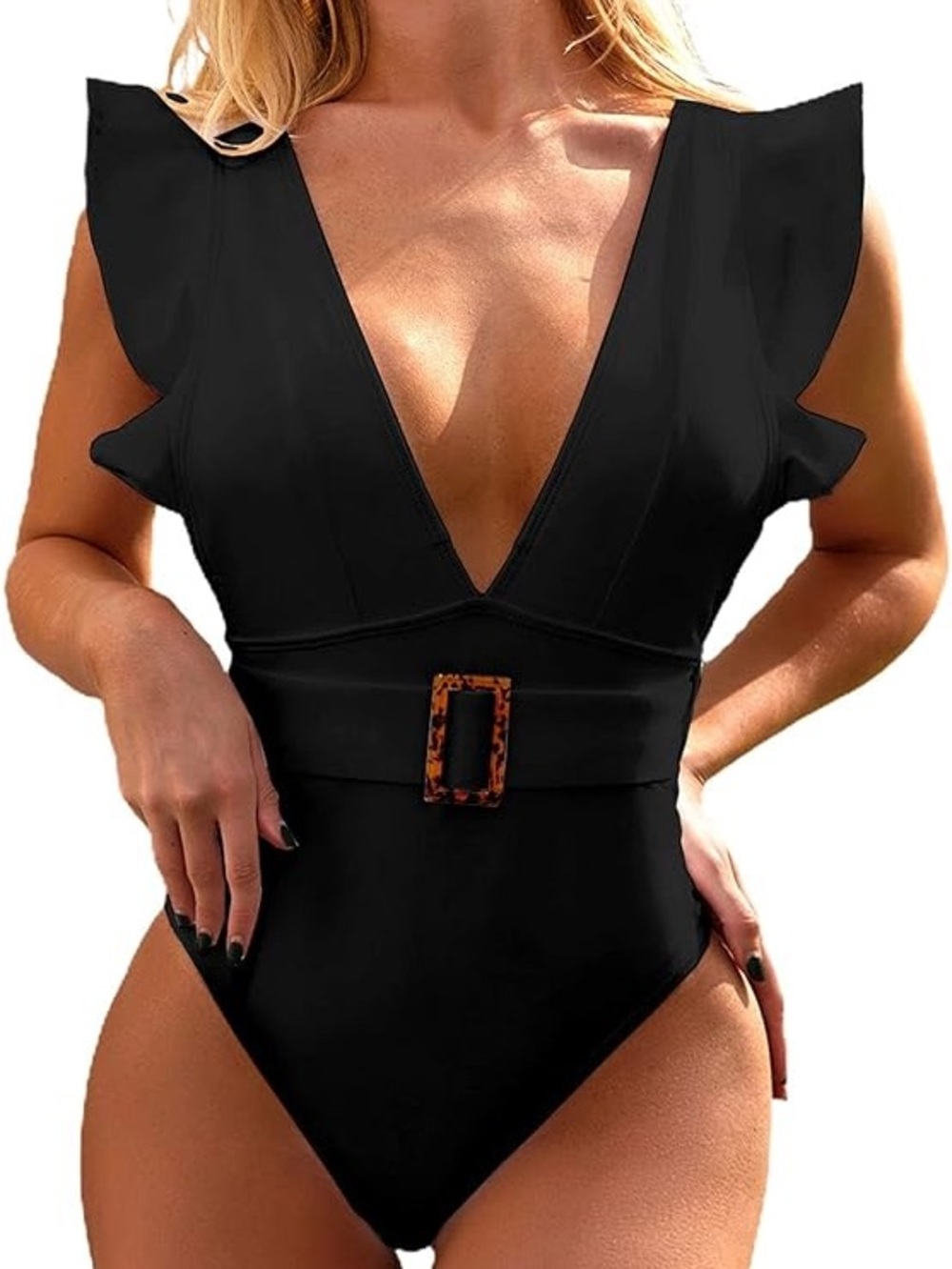 AVANOVA One Piece Swimsuit XXL NWT Blk Tummy Control Belted Ruffle Sleeve Plunge